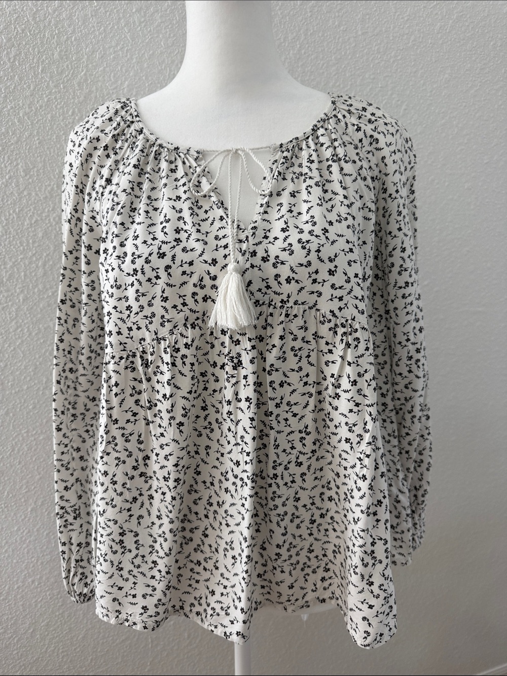 Old Navy Cream Peasant Blouse with Black Floral Print